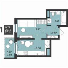 МЖК «Новокасимово», планировка 1-комнатной квартиры, 26.11 м²