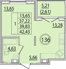 МЖК «Образцовый квартал 15», планировка 1-комнатной квартиры, 37.22 м²