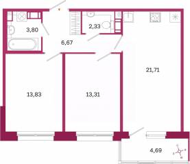 ЖК «Дом на Курской», планировка 2-комнатной квартиры, 63.06 м²