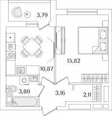 ЖК «Лайнеръ», планировка 1-комнатной квартиры, 37.66 м²
