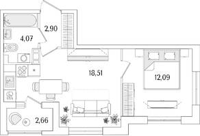 ЖК «Гранат», планировка 1-комнатной квартиры, 38.90 м²