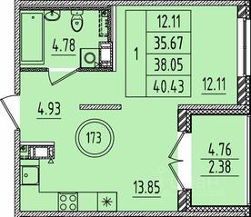 МЖК «Образцовый квартал 14», планировка 1-комнатной квартиры, 35.67 м²