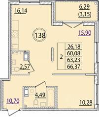 МЖК «Образцовый квартал 15», планировка 2-комнатной квартиры, 60.08 м²