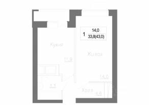 МЖК «Новое Замитино», планировка 1-комнатной квартиры, 44.00 м²