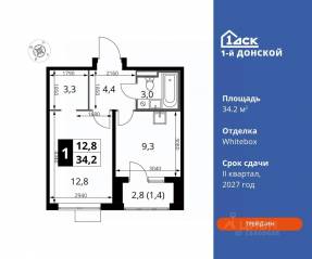 ЖК «1-й Донской», планировка 1-комнатной квартиры, 34.20 м²