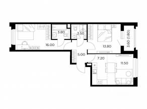 ЖК «Квартал Белый Град», планировка 3-комнатной квартиры, 62.60 м²
