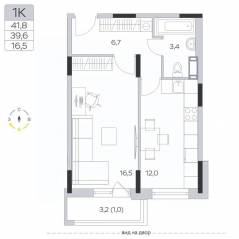 ЖК «Пироговская Ривьера», планировка 1-комнатной квартиры, 39.80 м²
