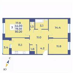 ЖК «Эдельвейс» (ЦентрСтрой), планировка 3-комнатной квартиры, 80.20 м²