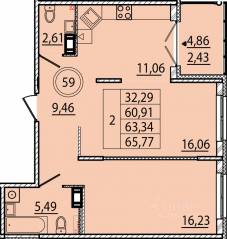 МЖК «Образцовый квартал 15», планировка 2-комнатной квартиры, 60.91 м²