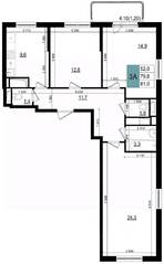 ЖК «Одинцово сити», планировка 3-комнатной квартиры, 81.00 м²