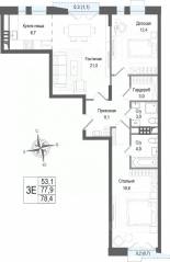 ЖК «Киноквартал», планировка 3-комнатной квартиры, 77.90 м²