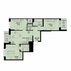 ЖК «ID Murino III», планировка 3-комнатной квартиры, 74.02 м²