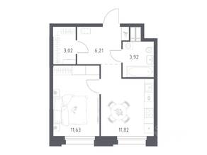 Апарт-комплекс «Тропарево парк», планировка 1-комнатной квартиры, 36.60 м²