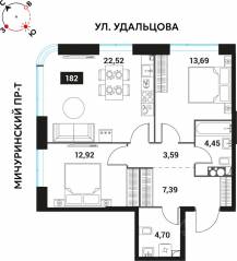 ЖК «Инноватор», планировка 3-комнатной квартиры, 69.26 м²