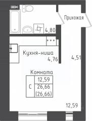ЖК «Зеленый Оазис-Город», планировка студии, 26.66 м²