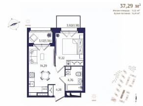 ЖК «Ranta Residence», планировка 1-комнатной квартиры, 37.29 м²