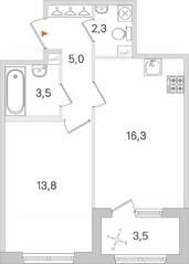 МЖК «Дубровский», планировка 1-комнатной квартиры, 42.65 м²
