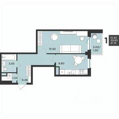 МЖК «Новокасимово», планировка 1-комнатной квартиры, 41.15 м²