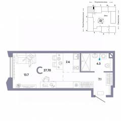 ЖК «Страна.Озерная», планировка студии, 27.70 м²