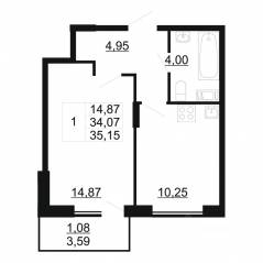 ЖК «Рубеж», планировка 1-комнатной квартиры, 35.15 м²