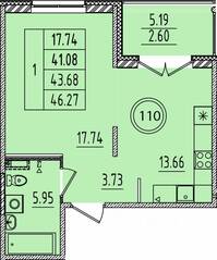 МЖК «Образцовый квартал 14», планировка 1-комнатной квартиры, 41.08 м²