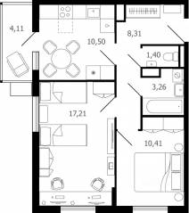 ЖК «Десятка», планировка 2-комнатной квартиры, 52.40 м²