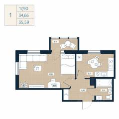 ЖК «Belevsky Club», планировка 1-комнатной квартиры, 34.66 м²