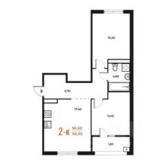 ЖК «Новое Летово», планировка 2-комнатной квартиры, 58.90 м²