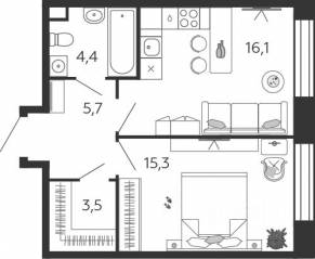 ЖК «Жилой квартал Shagal», планировка 1-комнатной квартиры, 45.00 м²