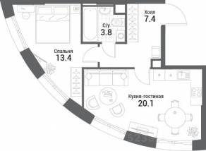 ЖК «Nagatino i-Land», планировка 1-комнатной квартиры, 44.70 м²