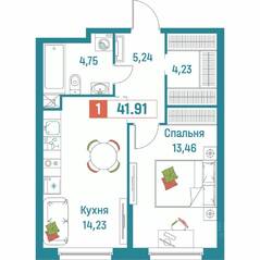 ЖК «Графика», планировка 1-комнатной квартиры, 41.91 м²