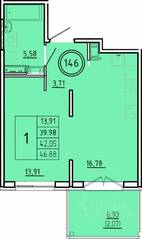 МЖК «Образцовый квартал 16», планировка 1-комнатной квартиры, 39.98 м²