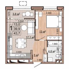 ЖК «Гранд Комфорт», планировка 1-комнатной квартиры, 43.70 м²