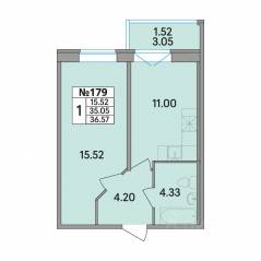 ЖК «Рождественский квартал», планировка 1-комнатной квартиры, 36.57 м²