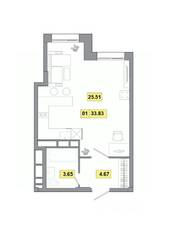 ЖК «Радость», планировка 1-комнатной квартиры, 33.83 м²
