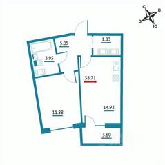 ЖК «Левитан», планировка 1-комнатной квартиры, 38.71 м²