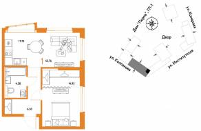 ЖК «Страна.Парковая», планировка 1-комнатной квартиры, 43.76 м²