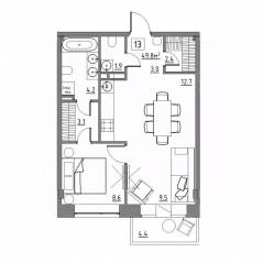 Апарт-комплекс «Residence 15», планировка 2-комнатной квартиры, 49.80 м²