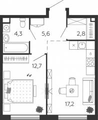 ЖК «Жилой квартал Shagal», планировка 1-комнатной квартиры, 42.60 м²