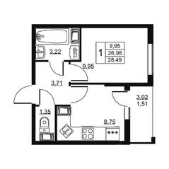ЖК «Высота» (Бугры), планировка 1-комнатной квартиры, 28.49 м²