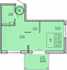 МЖК «Образцовый квартал 16», планировка 1-комнатной квартиры, 41.27 м²