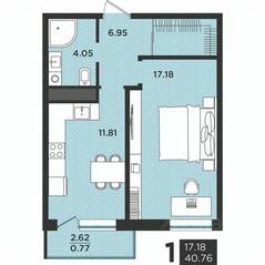 МЖК «Новокасимово», планировка 1-комнатной квартиры, 40.76 м²
