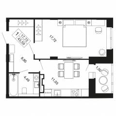 ЖК «Времена года», планировка 1-комнатной квартиры, 43.59 м²