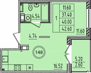 МЖК «Образцовый квартал 14», планировка 1-комнатной квартиры, 37.40 м²