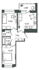 ЖК «Загляденье», планировка 2-комнатной квартиры, 52.24 м²