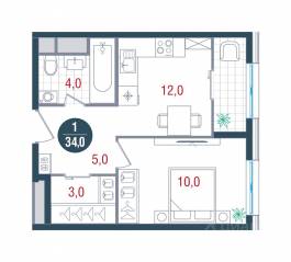 ЖК «Русич Кантемировский», планировка 1-комнатной квартиры, 34.00 м²