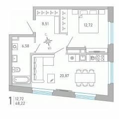 ЖК «Министр», планировка 1-комнатной квартиры, 48.22 м²
