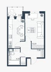 ЖК «Ново-Антропшино», планировка 1-комнатной квартиры, 36.35 м²