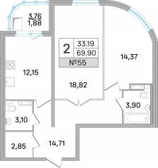 ЖК «Дом-Мегалит в Королёве», планировка 2-комнатной квартиры, 69.10 м²