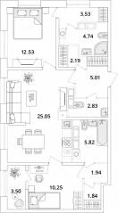 ЖК «БелАрт», планировка 2-комнатной квартиры, 77.10 м²
